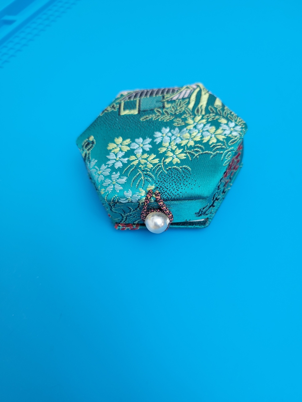 Floral Brocade Hexagon Jewelry Box with Pearl Closure - Teal